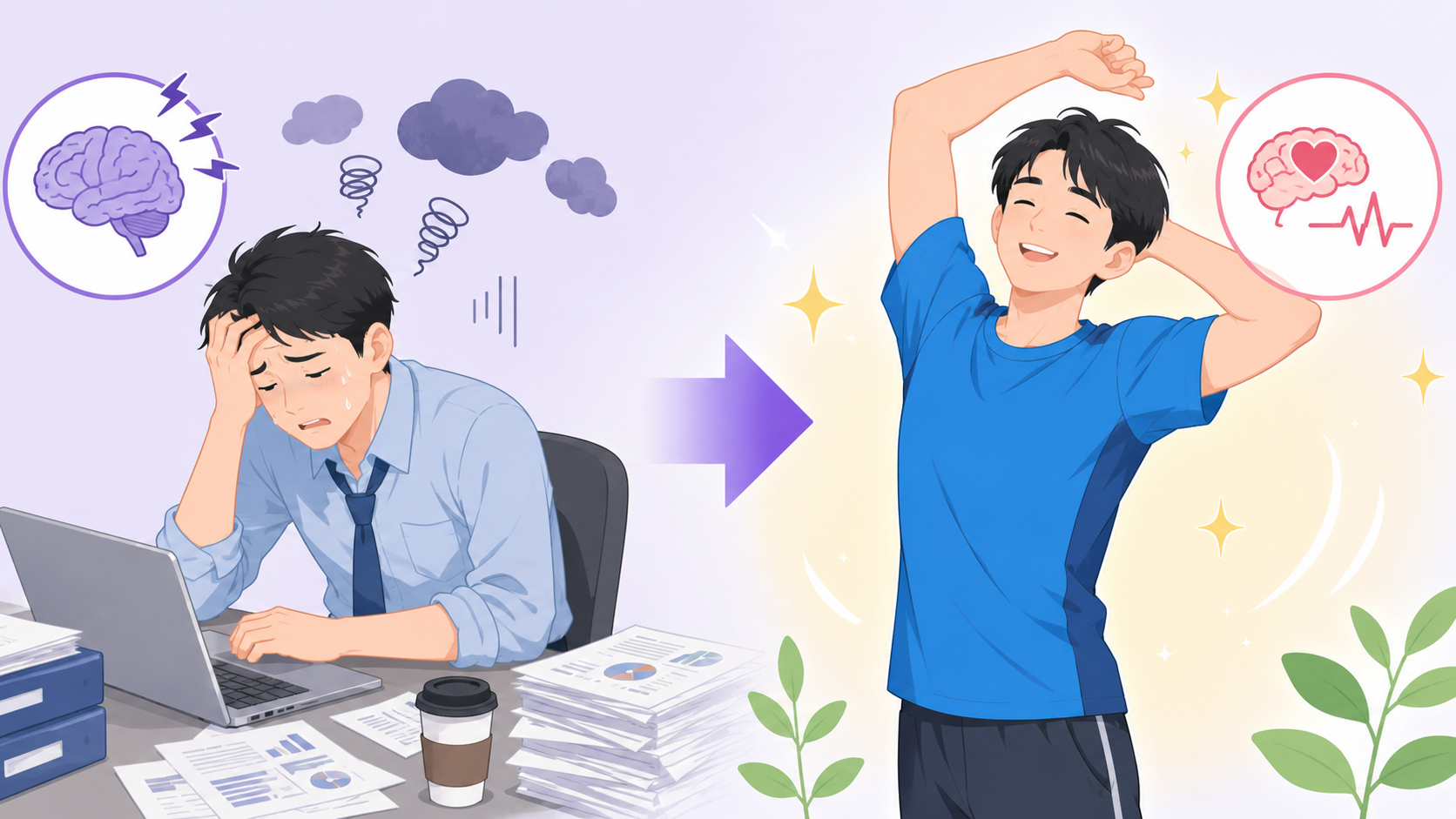 仕事のストレスに悩む30代男性の体づくりをテーマにしたイラスト