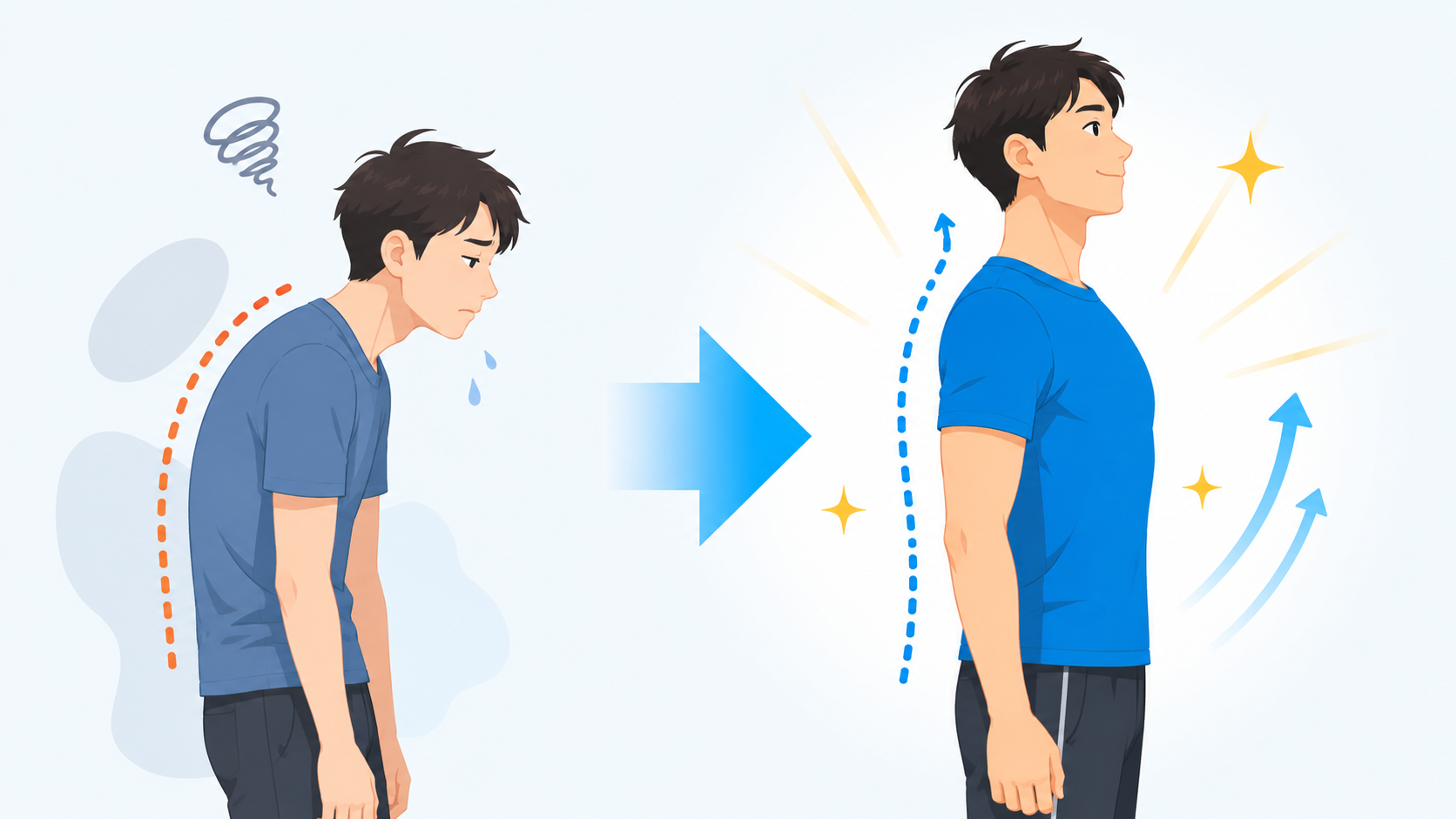 猫背・巻き肩に悩む30代男性の姿勢改善をテーマにしたイラスト