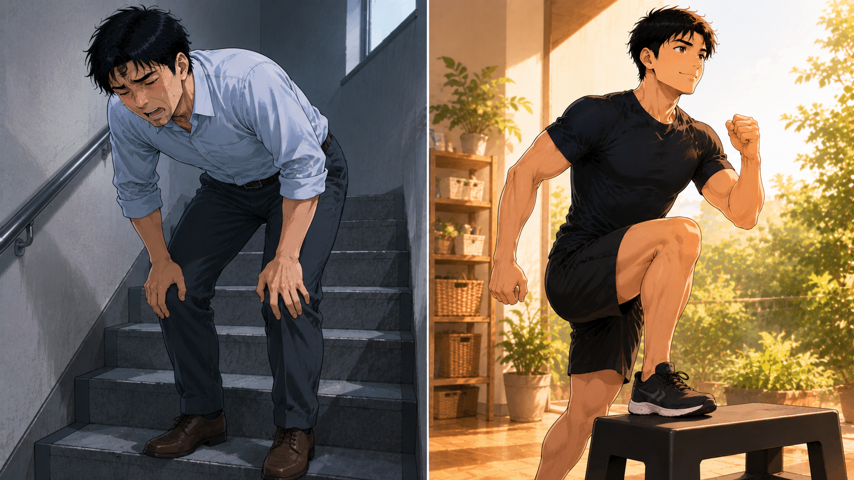階段で息切れするようになった30代男性が筋トレで体力を取り戻すイメージ