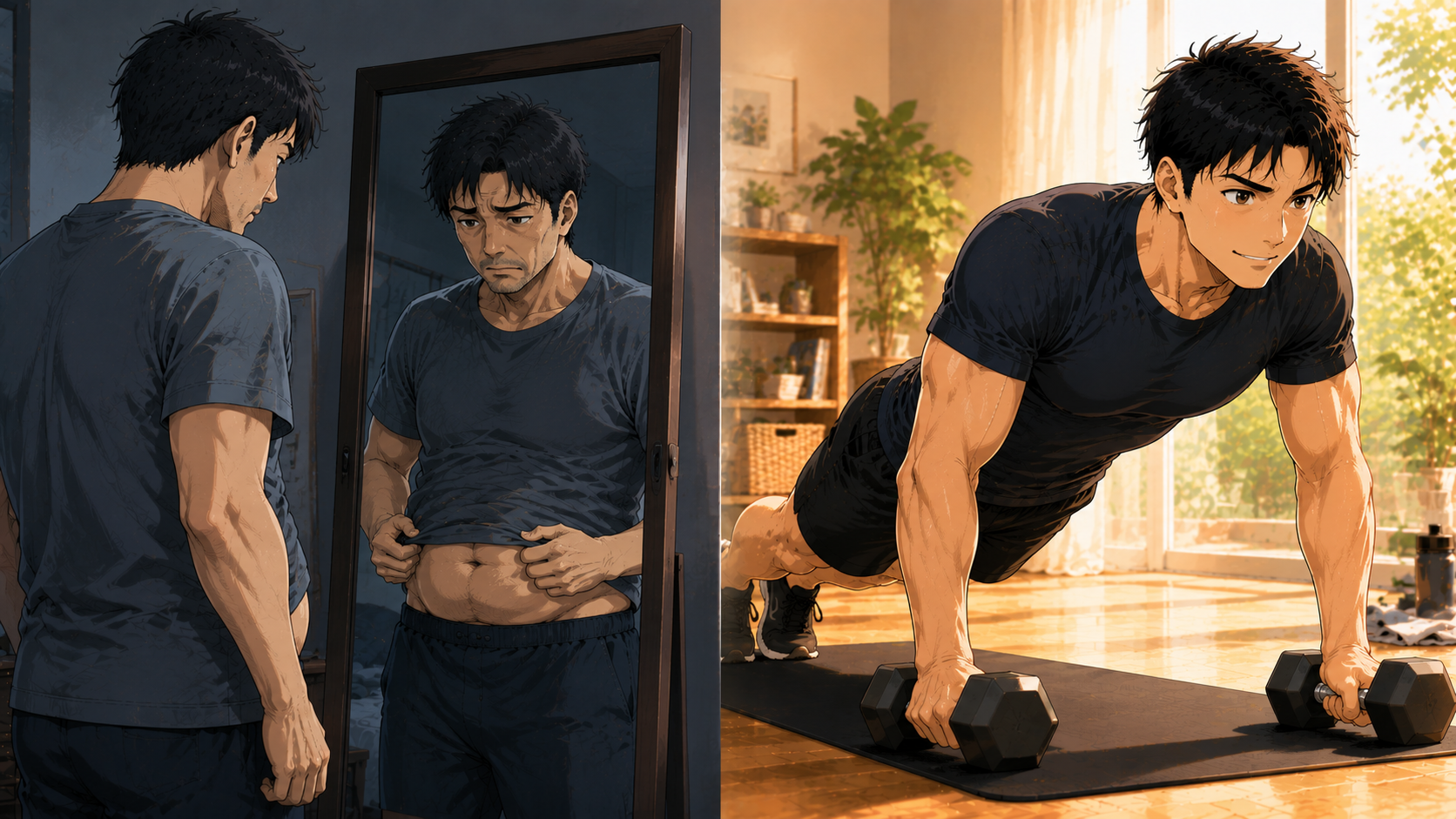 二の腕・胸まわりのたるみに悩む30代男性が自宅トレーニングで見た目を変えるイメージ